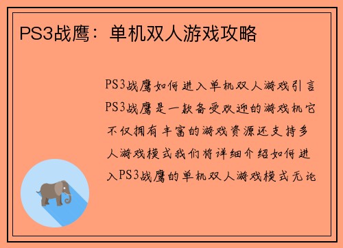 PS3战鹰：单机双人游戏攻略